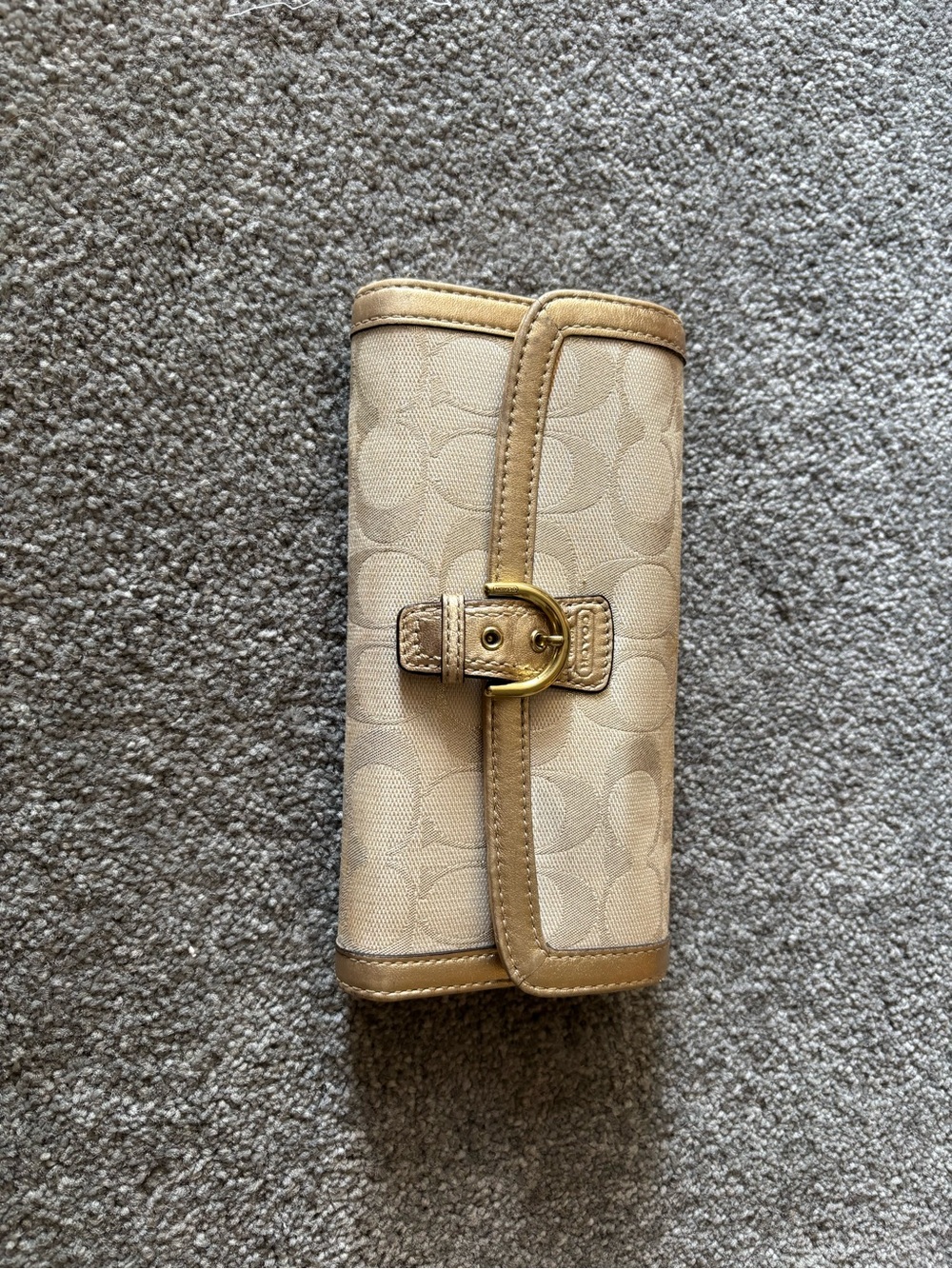 Coach Tan & Beige Signature Canvas Buckle Wallet